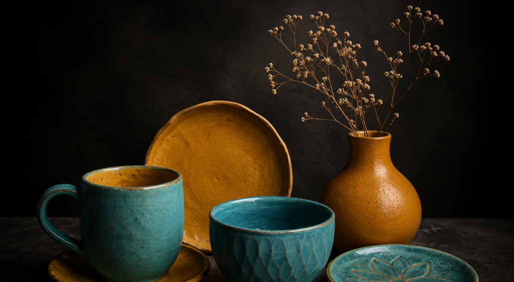 Ręcznie robiona ceramika Hwarang Ceramics – kubek, miska, talerz i wazon w turkusowo-musztardowej kolorystyce na ciemnym tle.