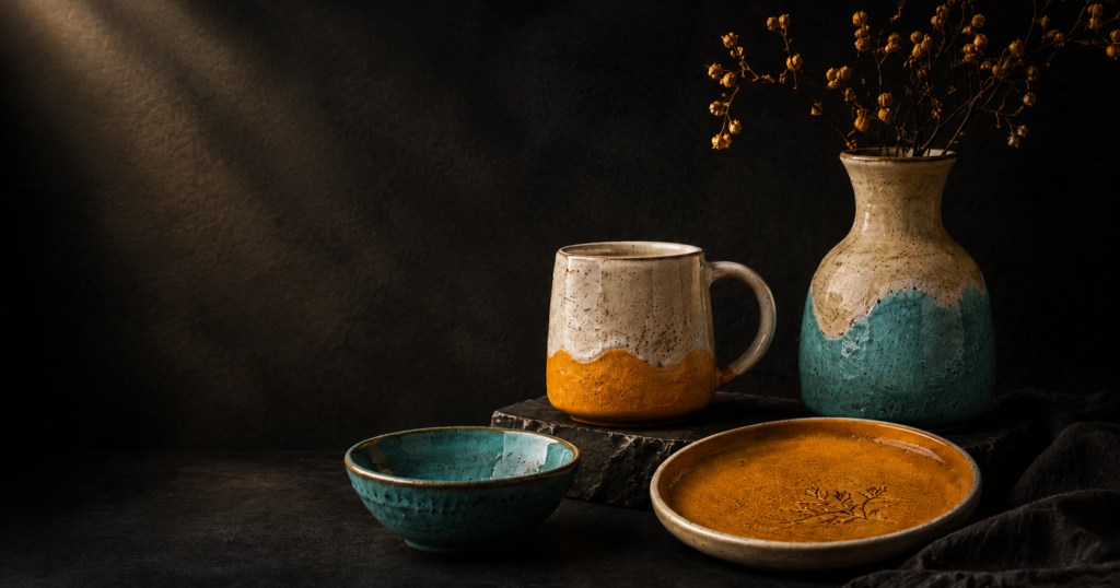 Ręcznie robiona ceramika Hwarang Ceramics – kubek, miska, talerz i wazon w turkusowo-musztardowej kolorystyce na ciemnym tle.