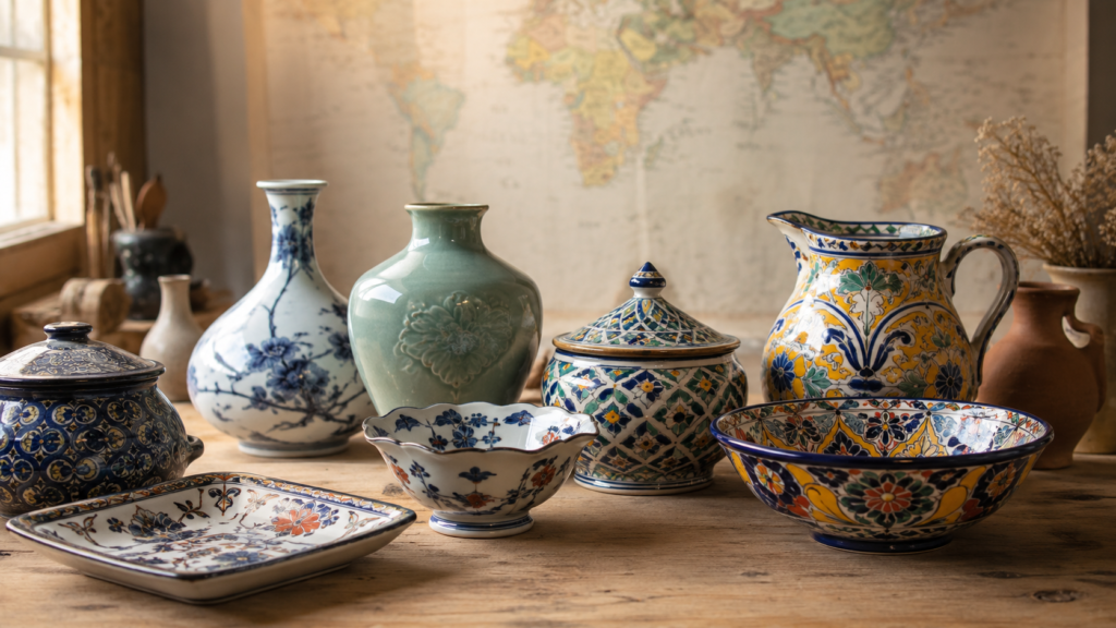 Ręcznie zdobione naczynia ceramiczne z różnych regionów świata ustawione na drewnianym stole na tle mapy świata.
